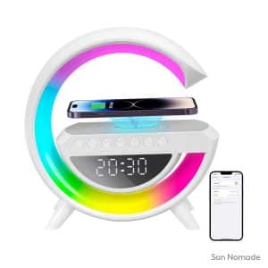 Lampe enceinte bluetooth 5-en-1 RVB avec réveil et charge sans fil